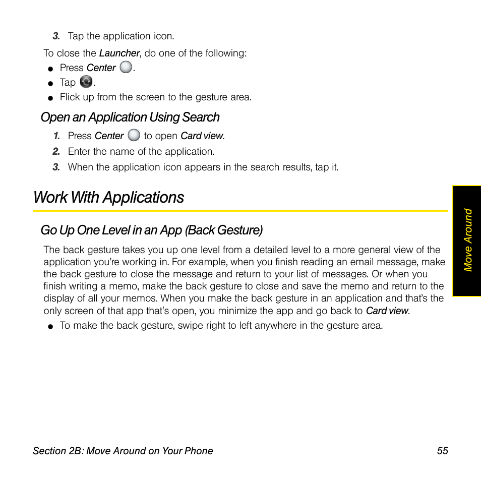 Open an application using search, Work with applications, Go up one level in an app (back gesture) | Palm Pre User Manual | Page 55 / 344
