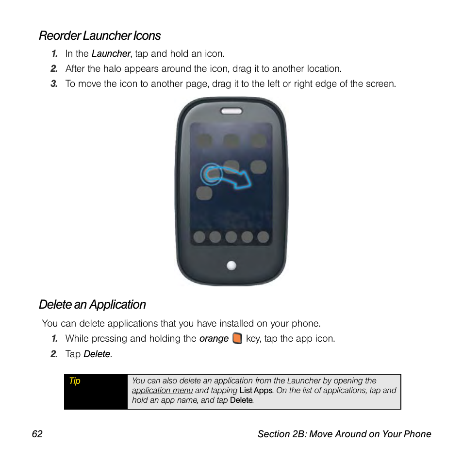 Reorder launcher icons, Delete an application | Palm Pre User Manual | Page 62 / 344