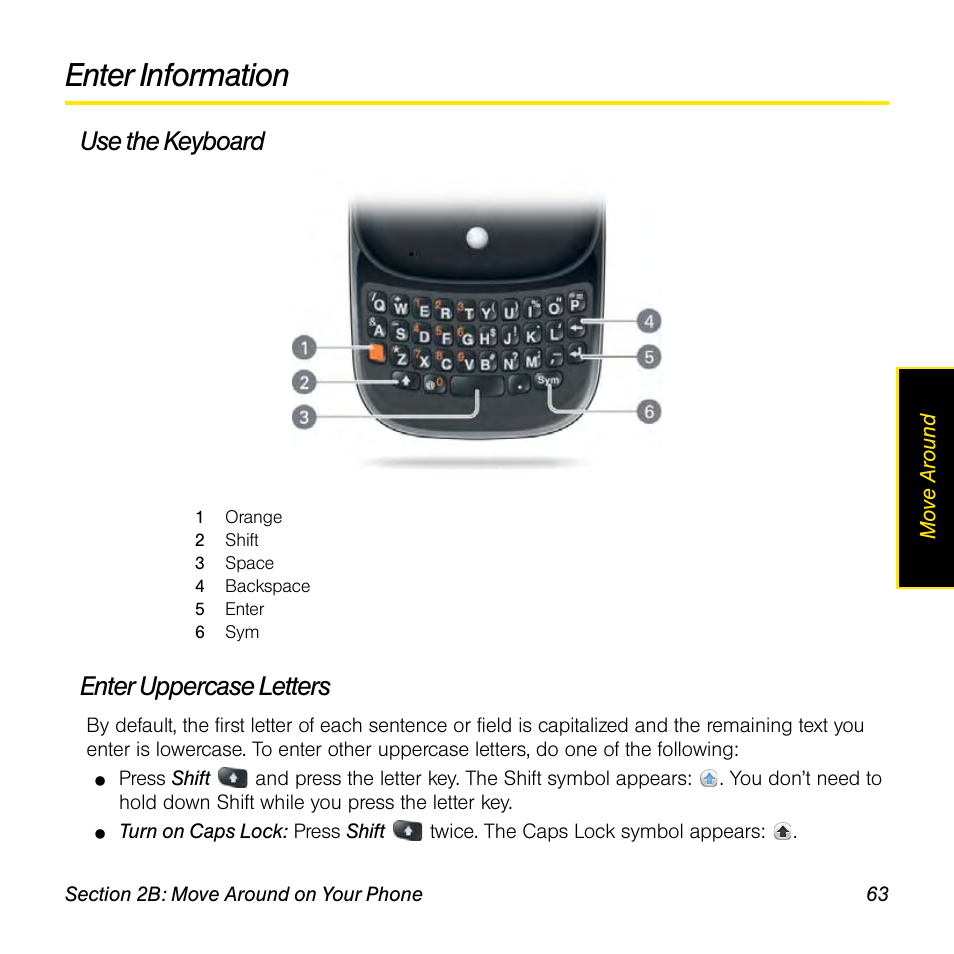 Enter information, Use the keyboard, Enter uppercase letters | Palm Pre User Manual | Page 63 / 344