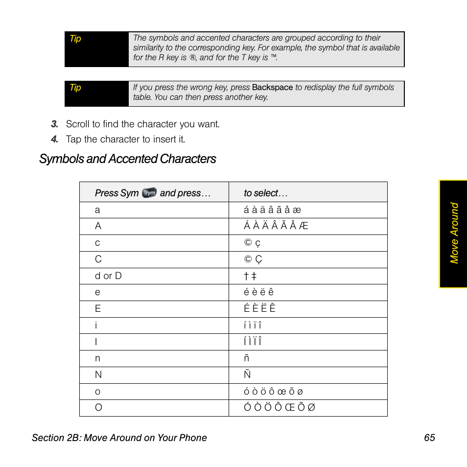 Symbols and accented characters | Palm Pre User Manual | Page 65 / 344