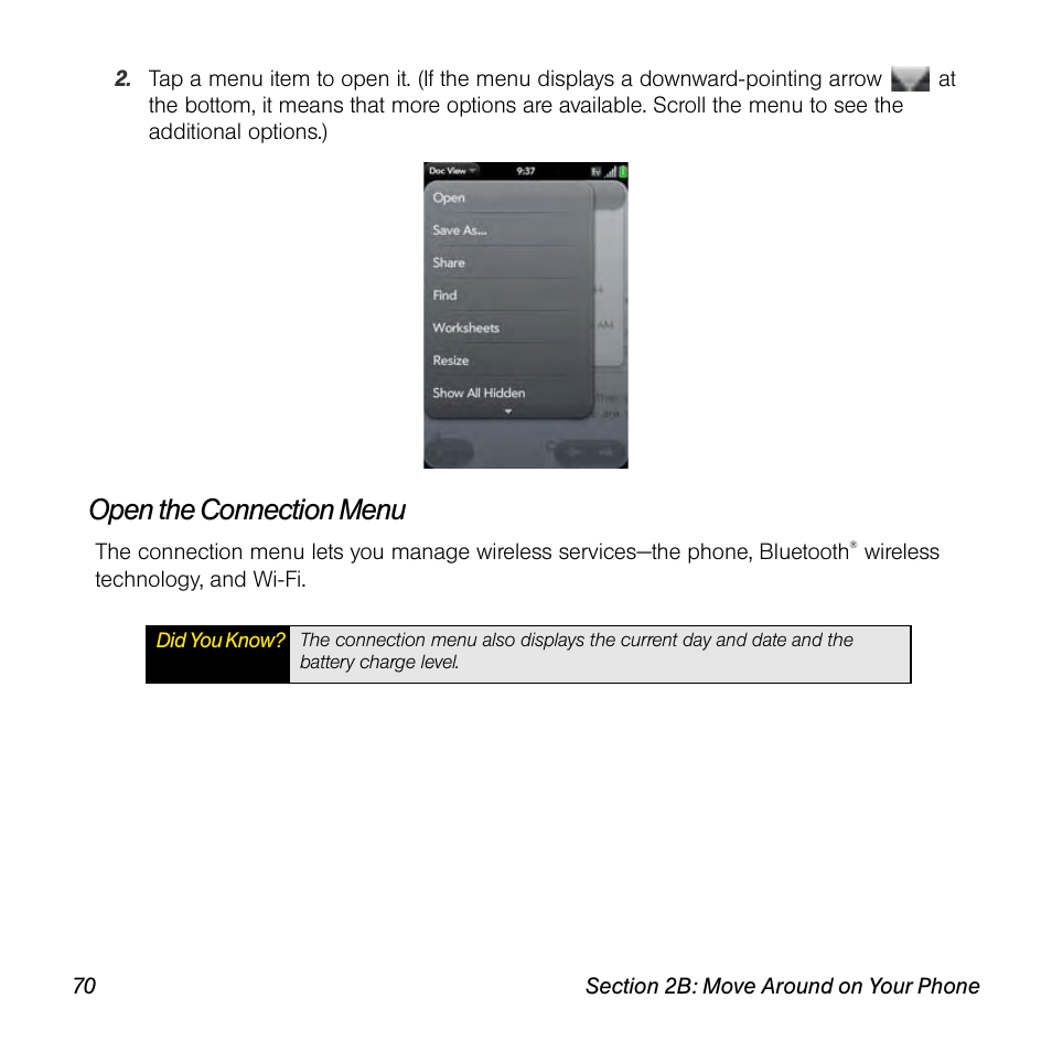 Open the connection menu, Ons to open the connection menu | Palm Pre User Manual | Page 70 / 344