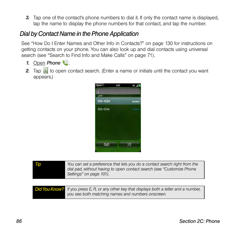 Dial by contact name in the phone application | Palm Pre User Manual | Page 86 / 344