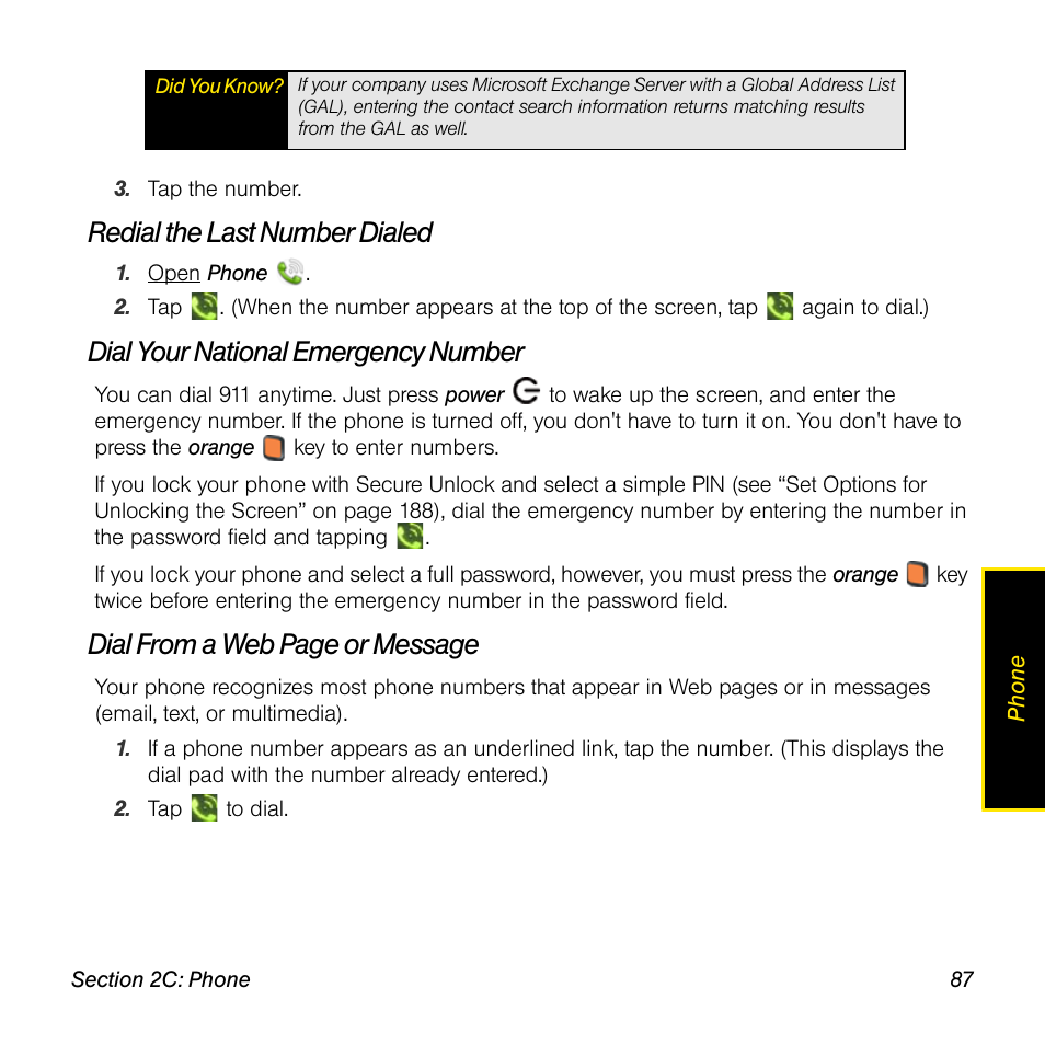 Redial the last number dialed, Dial your national emergency number, Dial from a web page or message | Palm Pre User Manual | Page 87 / 344