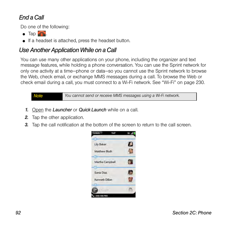 End a call, Use another application while on a call | Palm Pre User Manual | Page 92 / 344