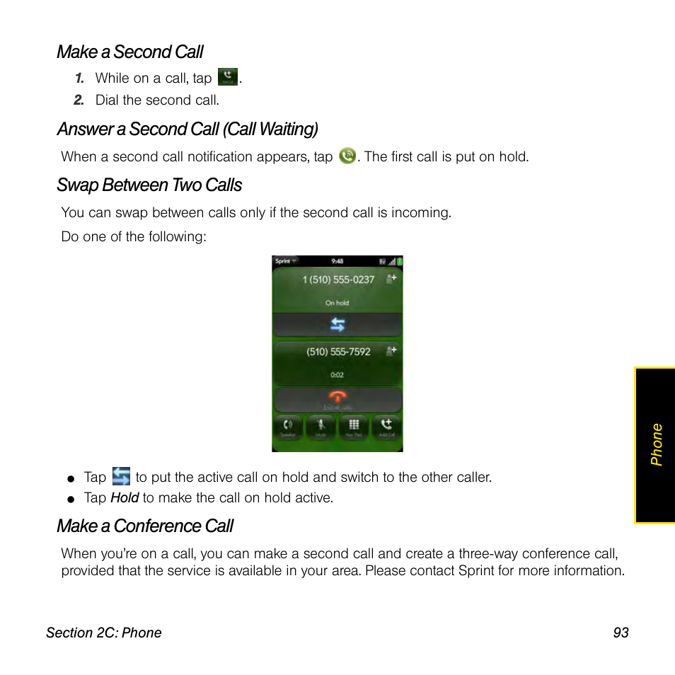 Make a second call, Answer a second call (call waiting), Swap between two calls | Make a conference call | Palm Pre User Manual | Page 93 / 344