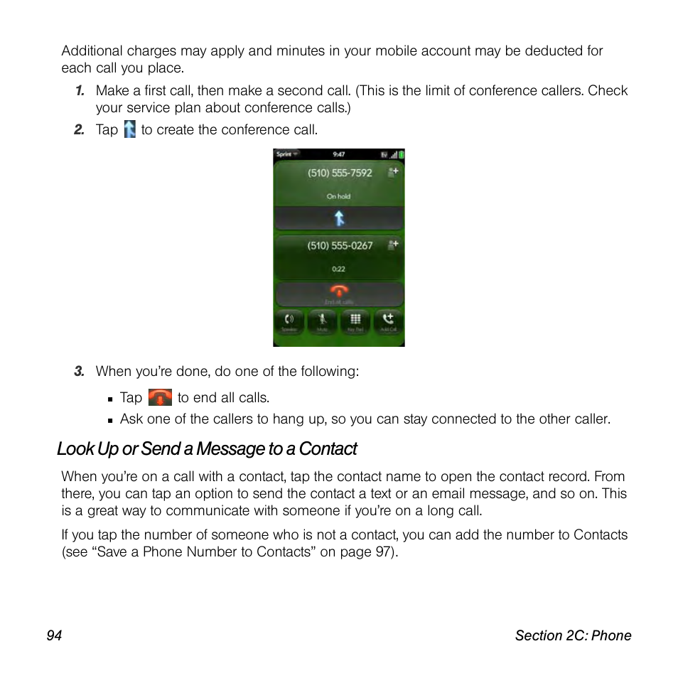Look up or send a message to a contact | Palm Pre User Manual | Page 94 / 344