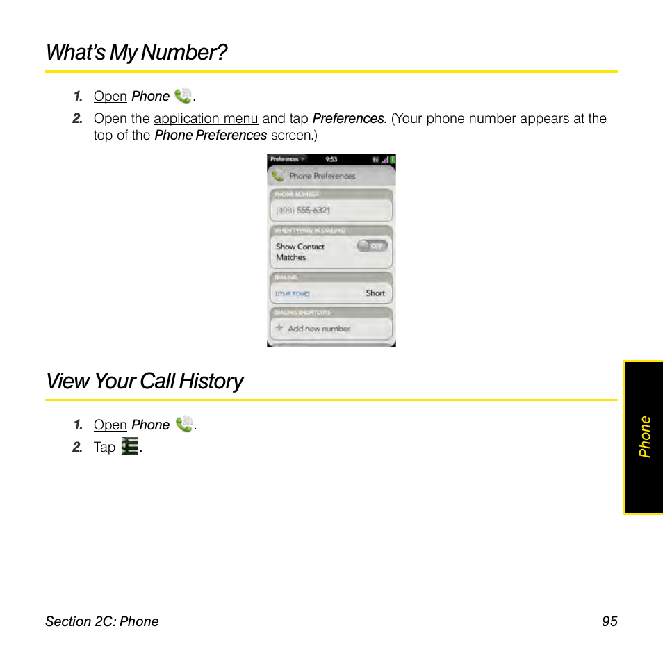 What’s my number, View your call history | Palm Pre User Manual | Page 95 / 344