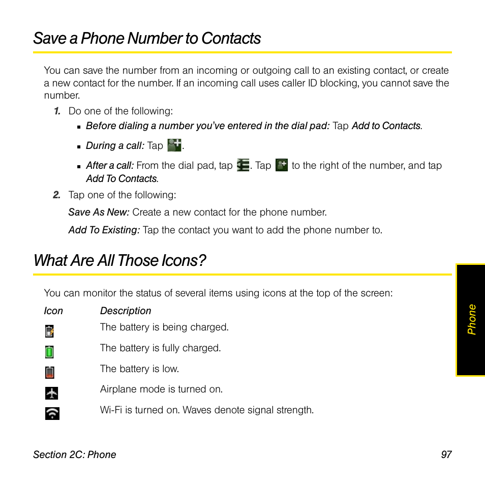 Save a phone number to contacts, What are all those icons | Palm Pre User Manual | Page 97 / 344