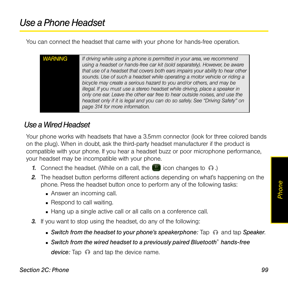 Use a phone headset, Use a wired headset | Palm Pre User Manual | Page 99 / 344