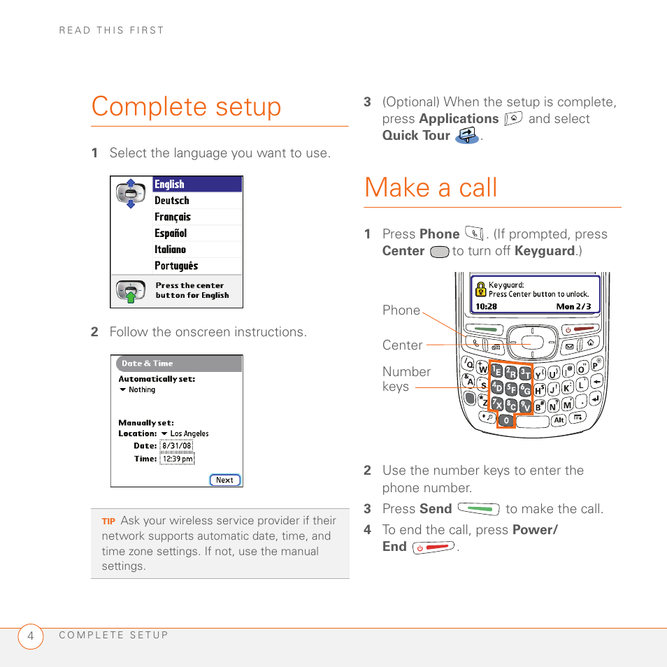 Complete setup, Make a call | Palm TREO SMARTPHONE 680 User Manual | Page 6 / 10