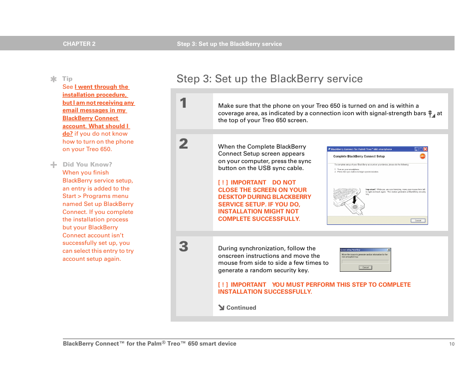 Step 3: set up the blackberry service, Ep 3: set up the blackberry service | Palm Treo 650 User Manual | Page 13 / 16