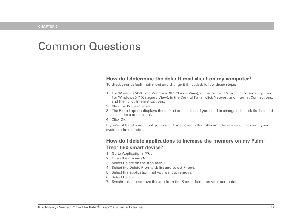 Common questions, Chapter 3: common questions, Treo | 650 smart device | Palm Treo 650 User Manual | Page 15 / 16