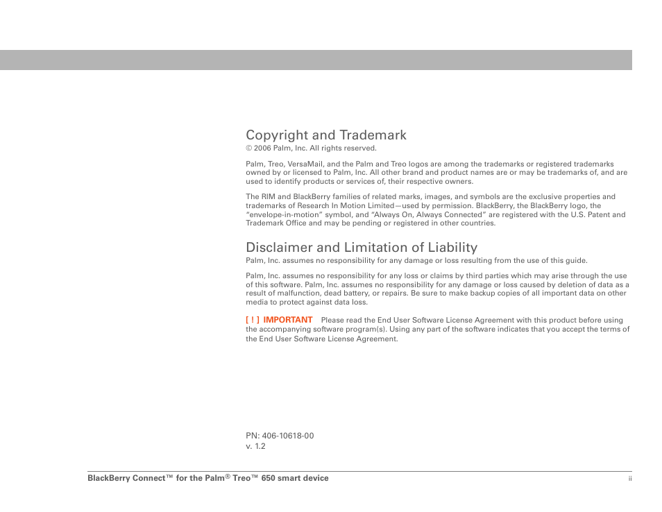 Copyright and trademark, Disclaimer and limitation of liability | Palm Treo 650 User Manual | Page 2 / 16