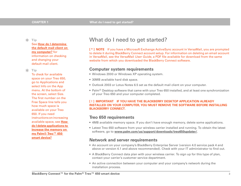 What do i need to get started, Computer system requirements, Treo 650 requirements | Network and server requirements | Palm Treo 650 User Manual | Page 6 / 16