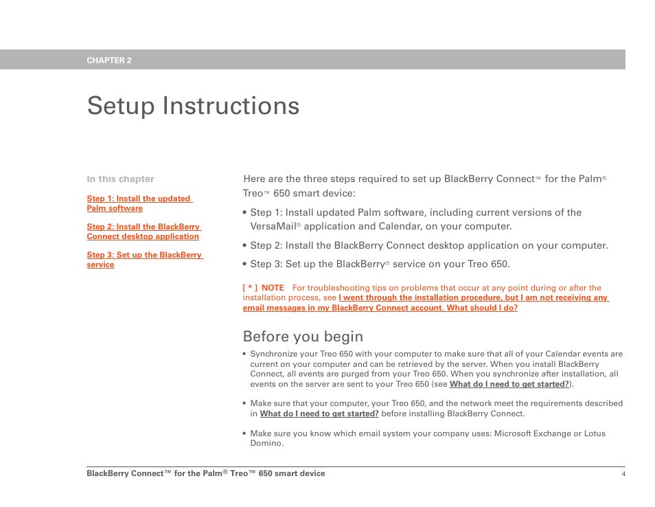Setup instructions, Before you begin, Chapter 2: setup instructions | Palm Treo 650 User Manual | Page 7 / 16