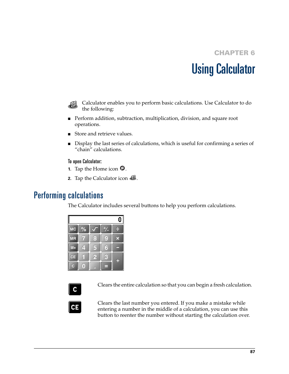 Using calculator, To open calculator, Performing calculations | Chapter 6: using calculator, Chapter 6 | Palm TUNGSTEN T2 User Manual | Page 101 / 502
