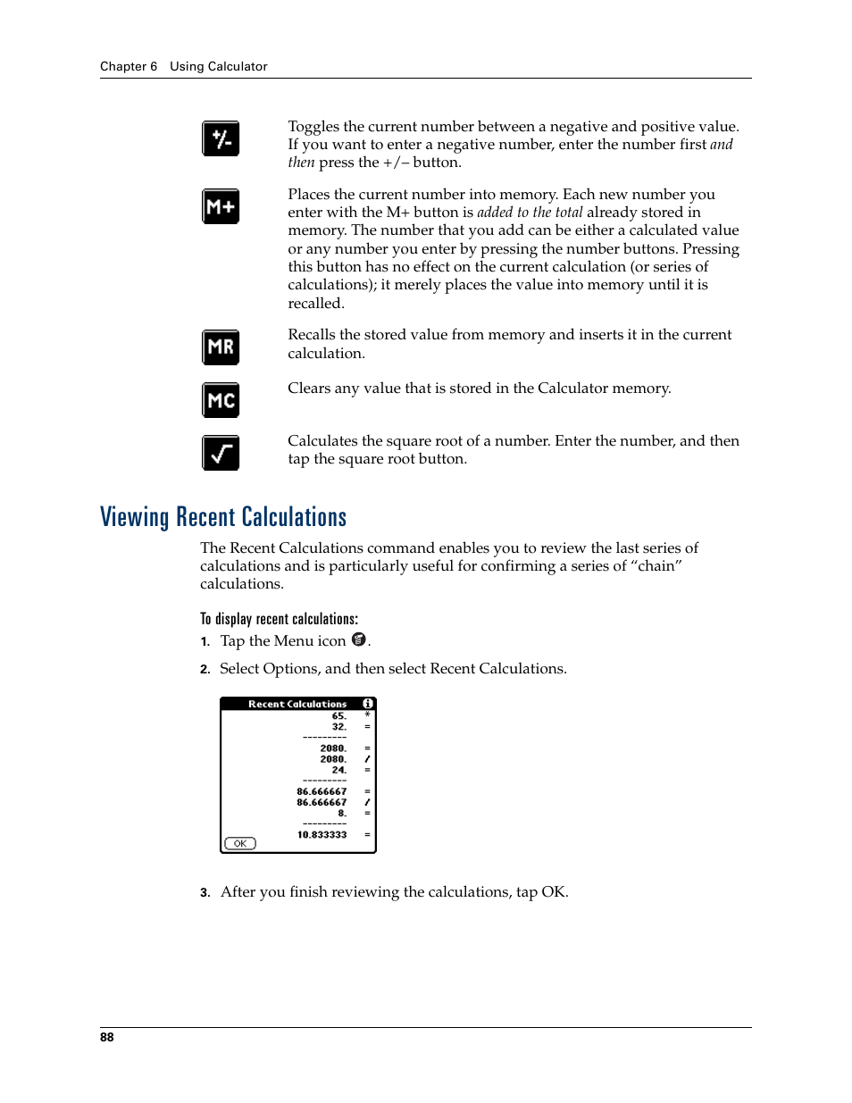 Viewing recent calculations, To display recent calculations | Palm TUNGSTEN T2 User Manual | Page 102 / 502