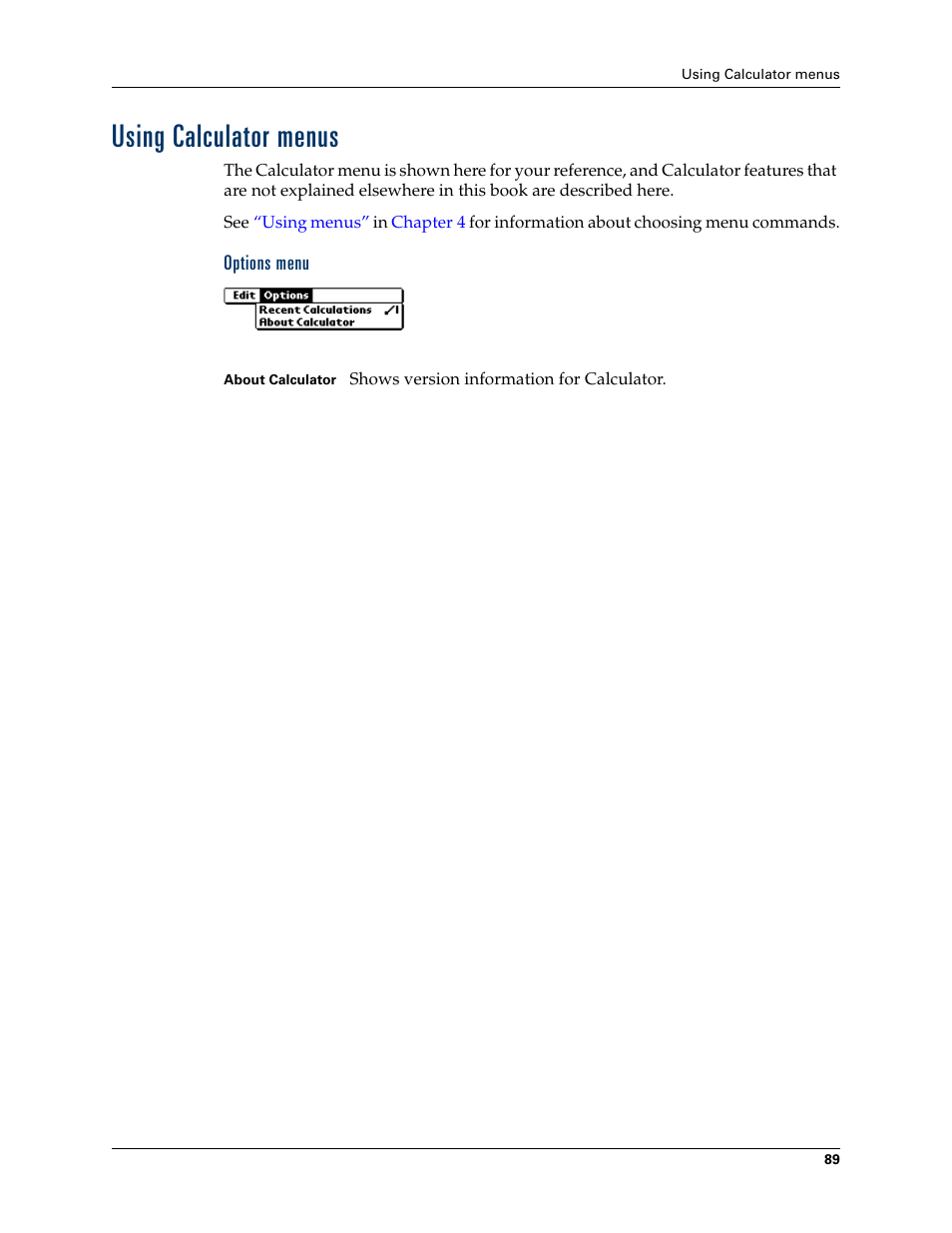 Using calculator menus, Options menu | Palm TUNGSTEN T2 User Manual | Page 103 / 502