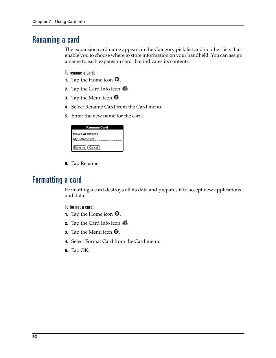 Renaming a card, To rename a card, Formatting a card | To format a card, Renaming a card formatting a card | Palm TUNGSTEN T2 User Manual | Page 106 / 502