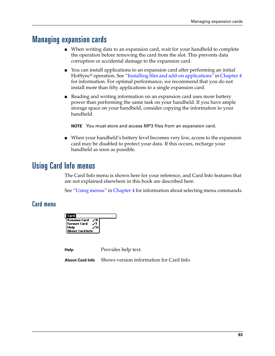 Managing expansion cards, Using card info menus, Card menu | Managing expansion cards using card info menus | Palm TUNGSTEN T2 User Manual | Page 107 / 502