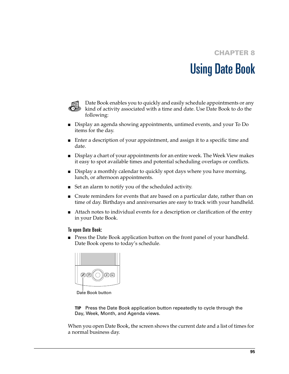 Using date book, To open date book, Chapter 8: using date book | Chapter 8 | Palm TUNGSTEN T2 User Manual | Page 109 / 502