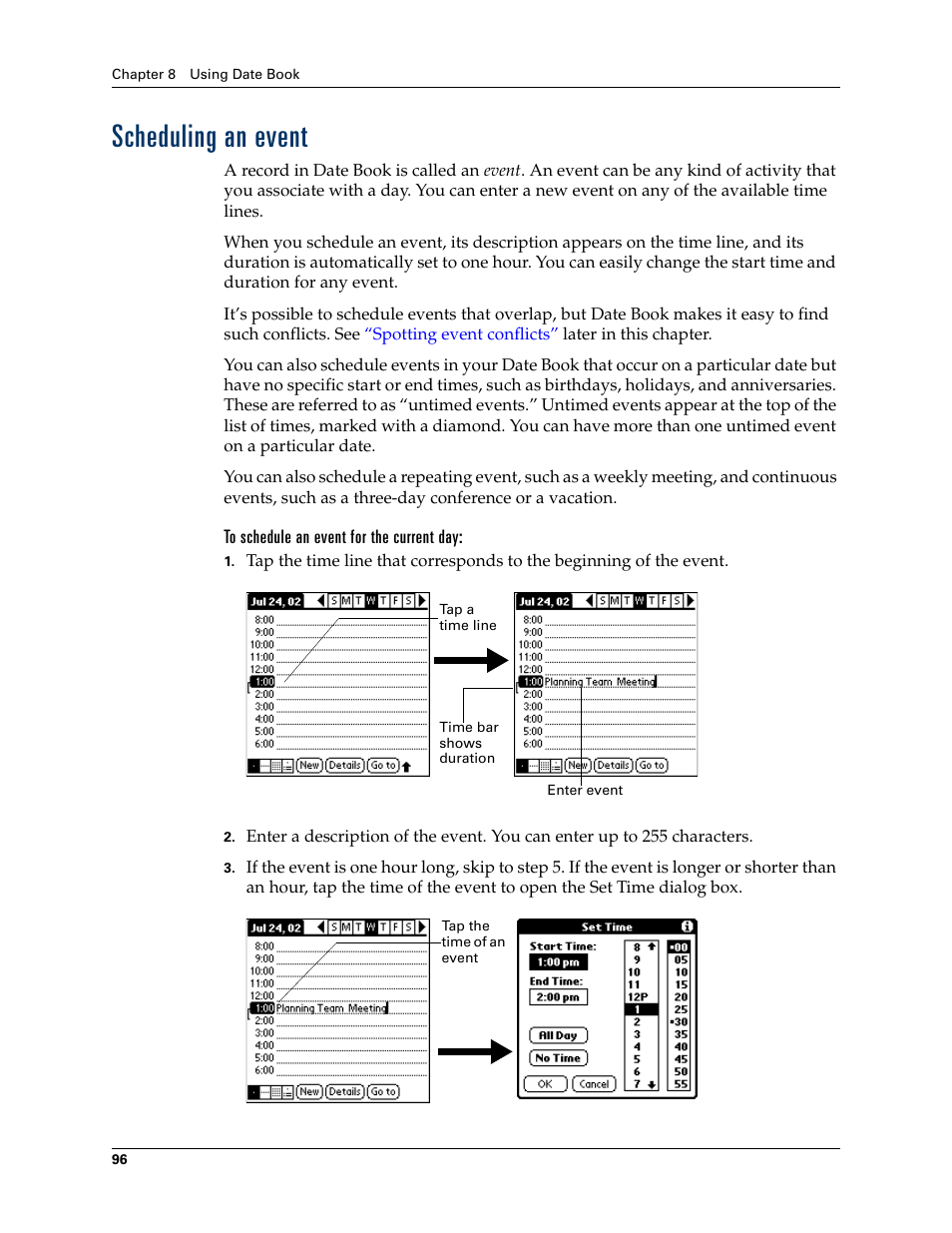 Scheduling an event, To schedule an event for the current day | Palm TUNGSTEN T2 User Manual | Page 110 / 502