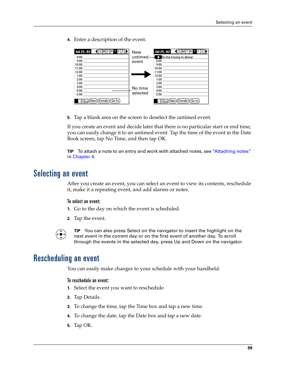 Selecting an event, To select an event, Rescheduling an event | To reschedule an event, Selecting an event rescheduling an event | Palm TUNGSTEN T2 User Manual | Page 113 / 502