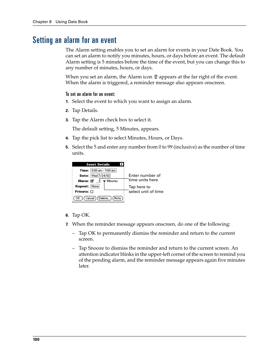 Setting an alarm for an event, To set an alarm for an event | Palm TUNGSTEN T2 User Manual | Page 114 / 502