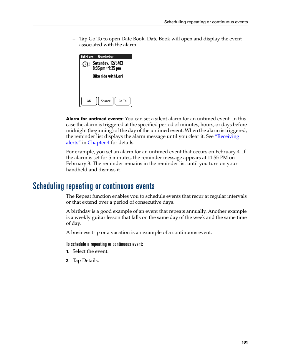 Scheduling repeating or continuous events, To schedule a repeating or continuous event | Palm TUNGSTEN T2 User Manual | Page 115 / 502