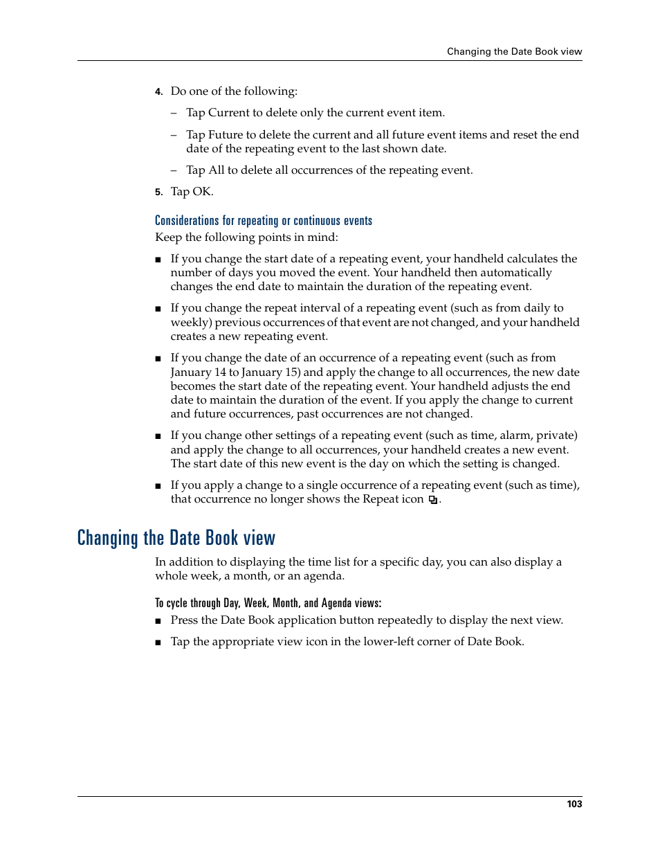 Considerations for repeating or continuous events, Changing the date book view | Palm TUNGSTEN T2 User Manual | Page 117 / 502