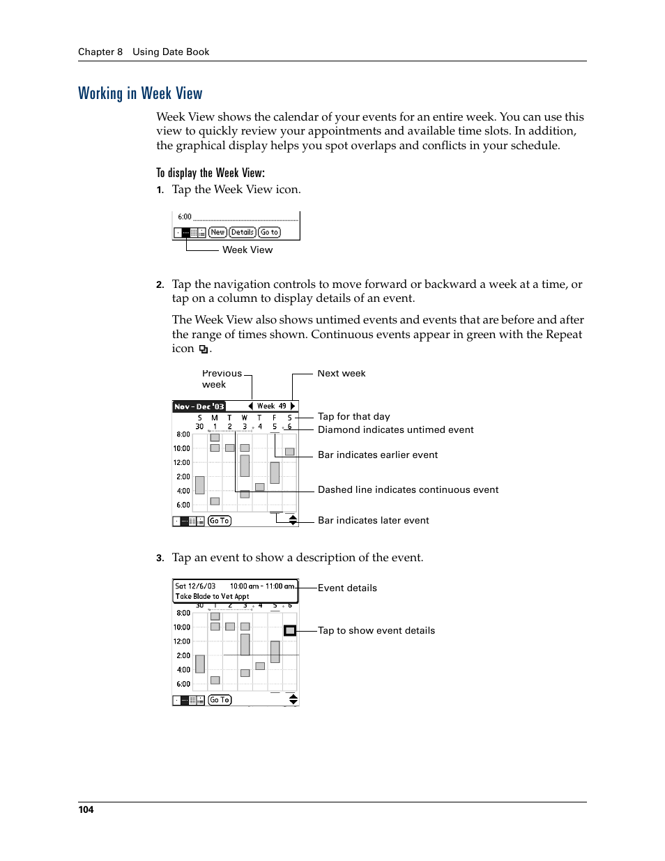 Working in week view, To display the week view | Palm TUNGSTEN T2 User Manual | Page 118 / 502