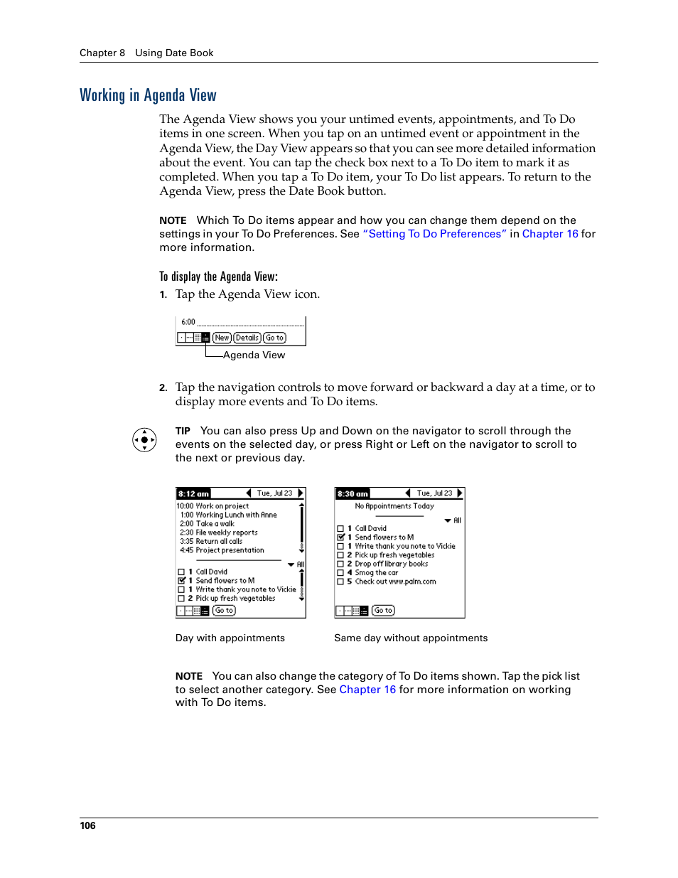 Working in agenda view, To display the agenda view | Palm TUNGSTEN T2 User Manual | Page 120 / 502