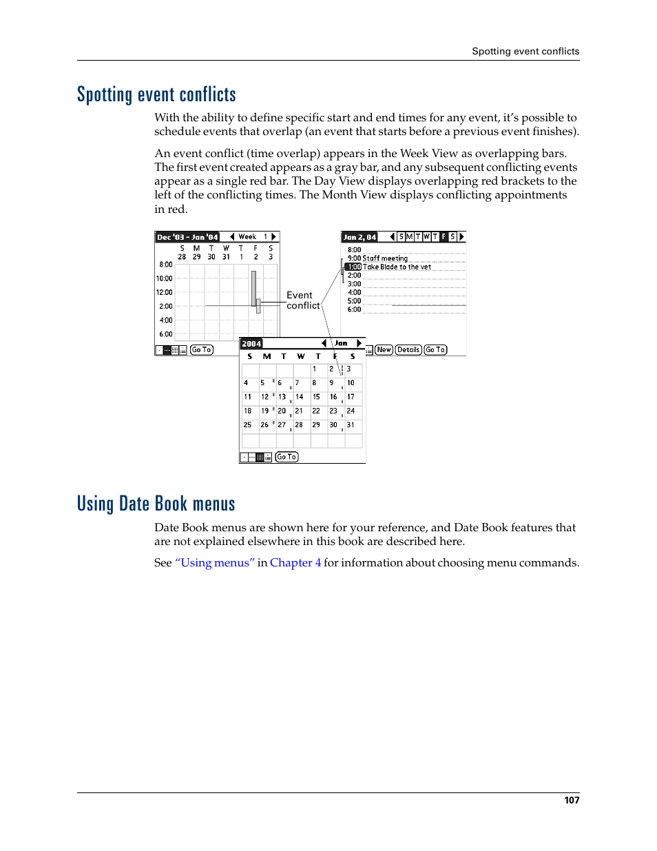 Spotting event conflicts, Using date book menus, Spotting event conflicts using date book menus | Palm TUNGSTEN T2 User Manual | Page 121 / 502