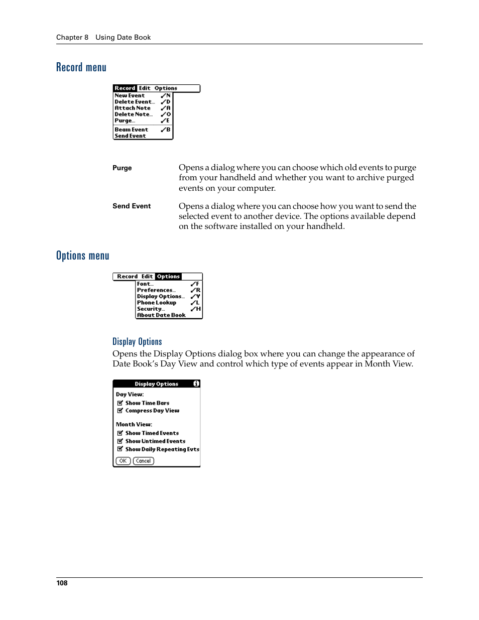 Record menu, Options menu, Display options | Record menu options menu, Display, Options, Later | Palm TUNGSTEN T2 User Manual | Page 122 / 502