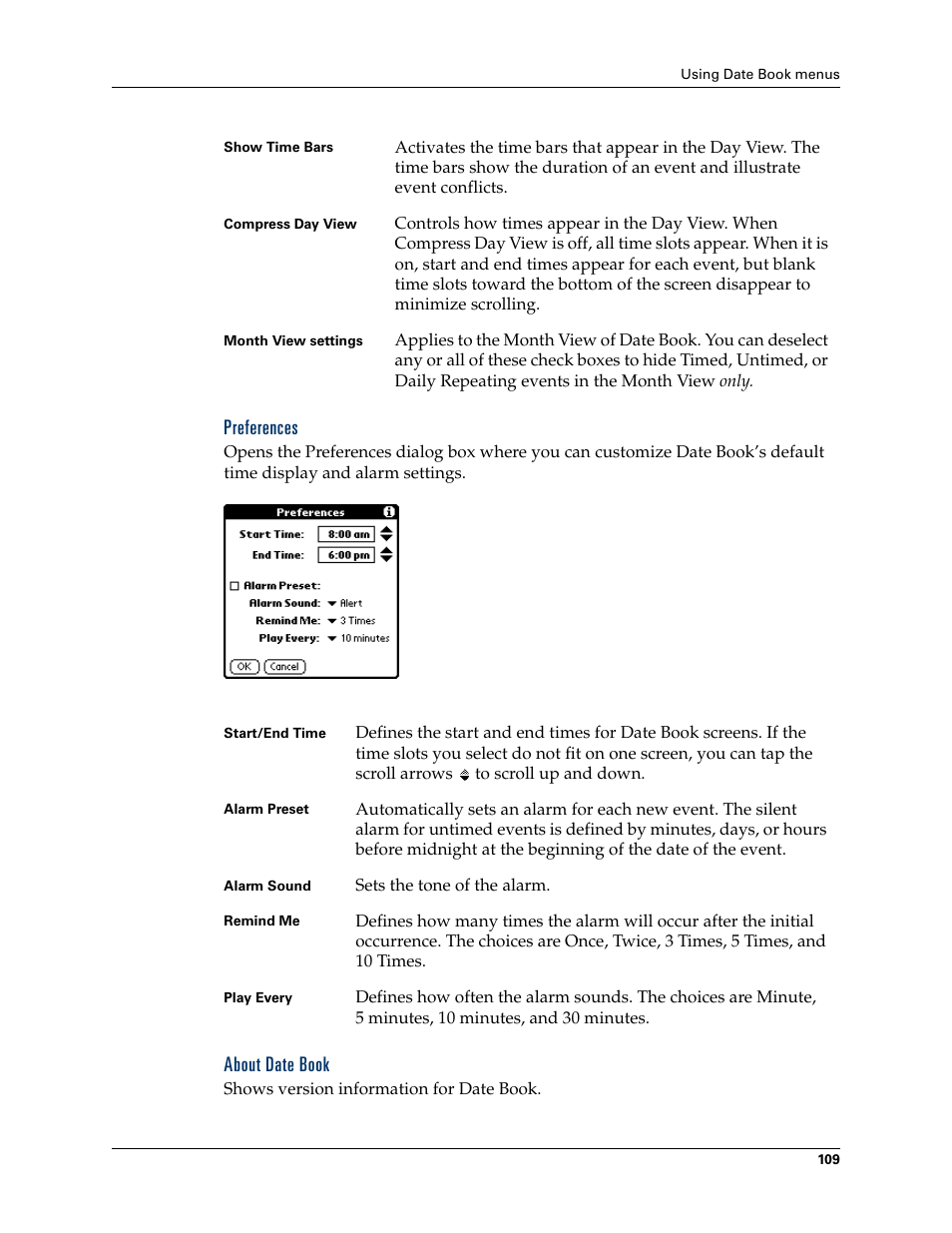 Preferences, About date book | Palm TUNGSTEN T2 User Manual | Page 123 / 502