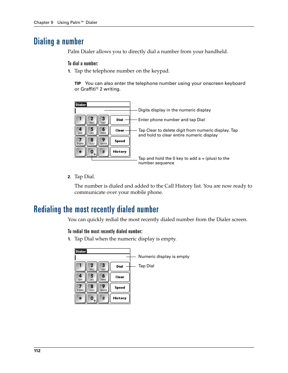 Dialing a number, To dial a number, Redialing the most recently dialed number | To redial the most recently dialed number | Palm TUNGSTEN T2 User Manual | Page 126 / 502