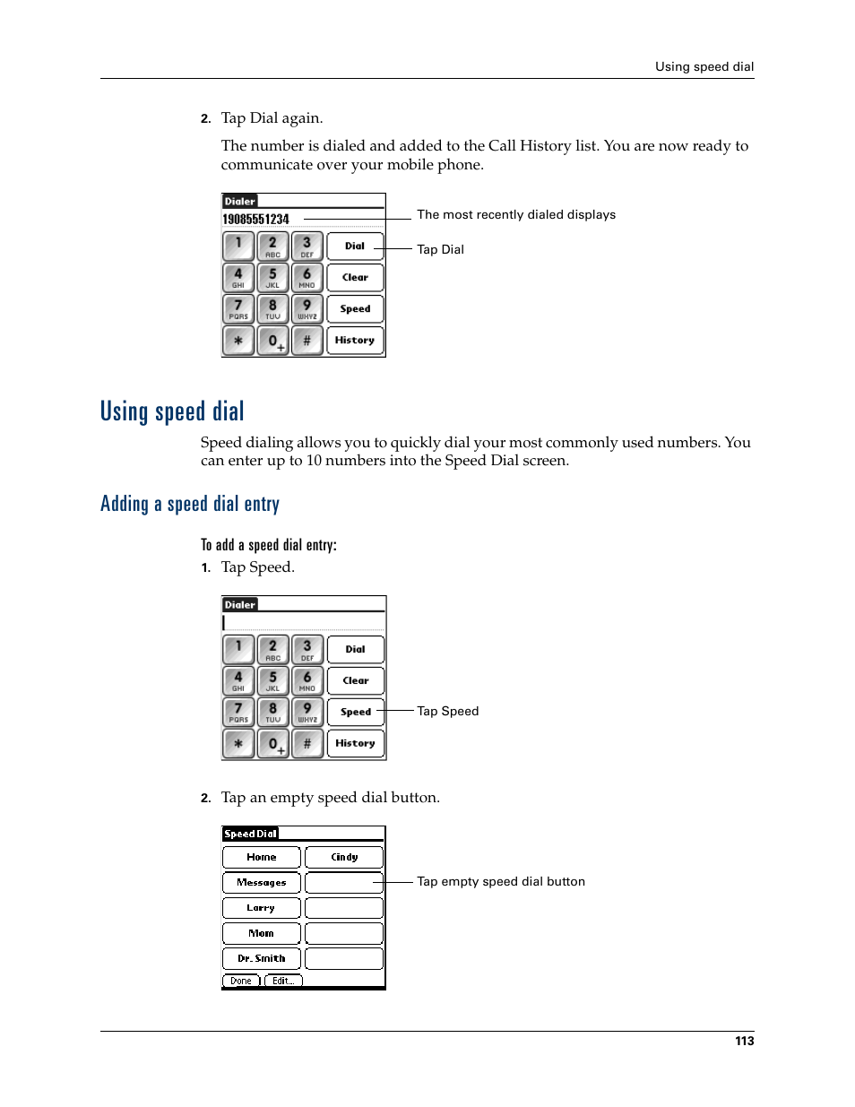 Using speed dial, Adding a speed dial entry, To add a speed dial entry | Palm TUNGSTEN T2 User Manual | Page 127 / 502