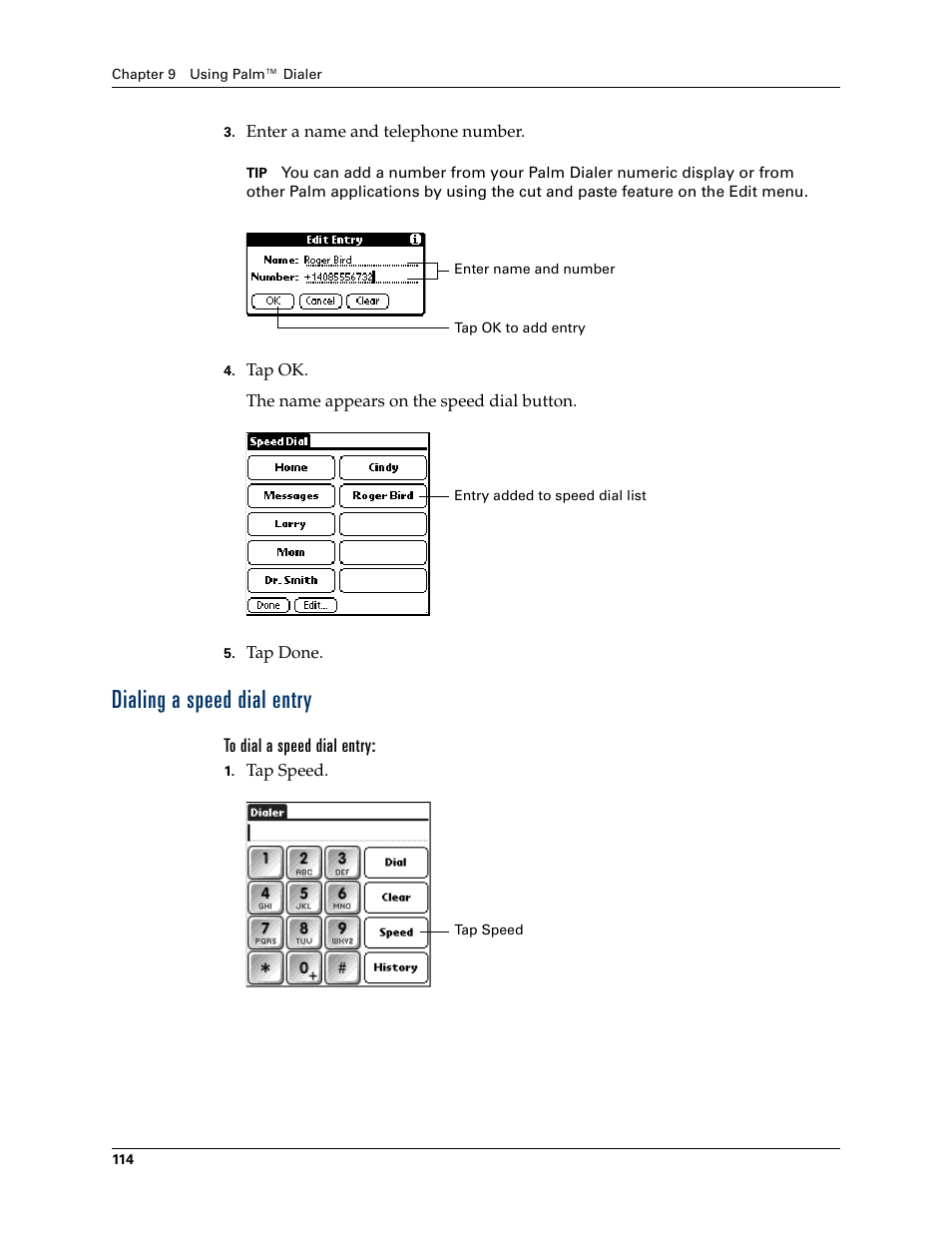 Dialing a speed dial entry, To dial a speed dial entry | Palm TUNGSTEN T2 User Manual | Page 128 / 502