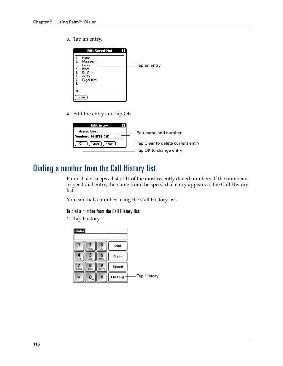 Dialing a number from the call history list, To dial a number from the call history list | Palm TUNGSTEN T2 User Manual | Page 130 / 502