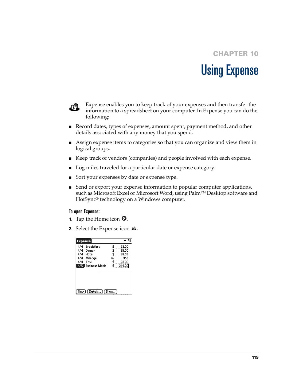 Using expense, To open expense, Chapter 10: using expense | Chapter 10 | Palm TUNGSTEN T2 User Manual | Page 133 / 502