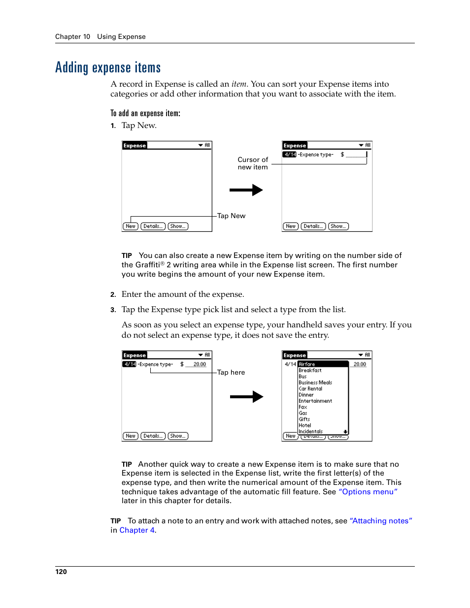 Adding expense items, To add an expense item | Palm TUNGSTEN T2 User Manual | Page 134 / 502