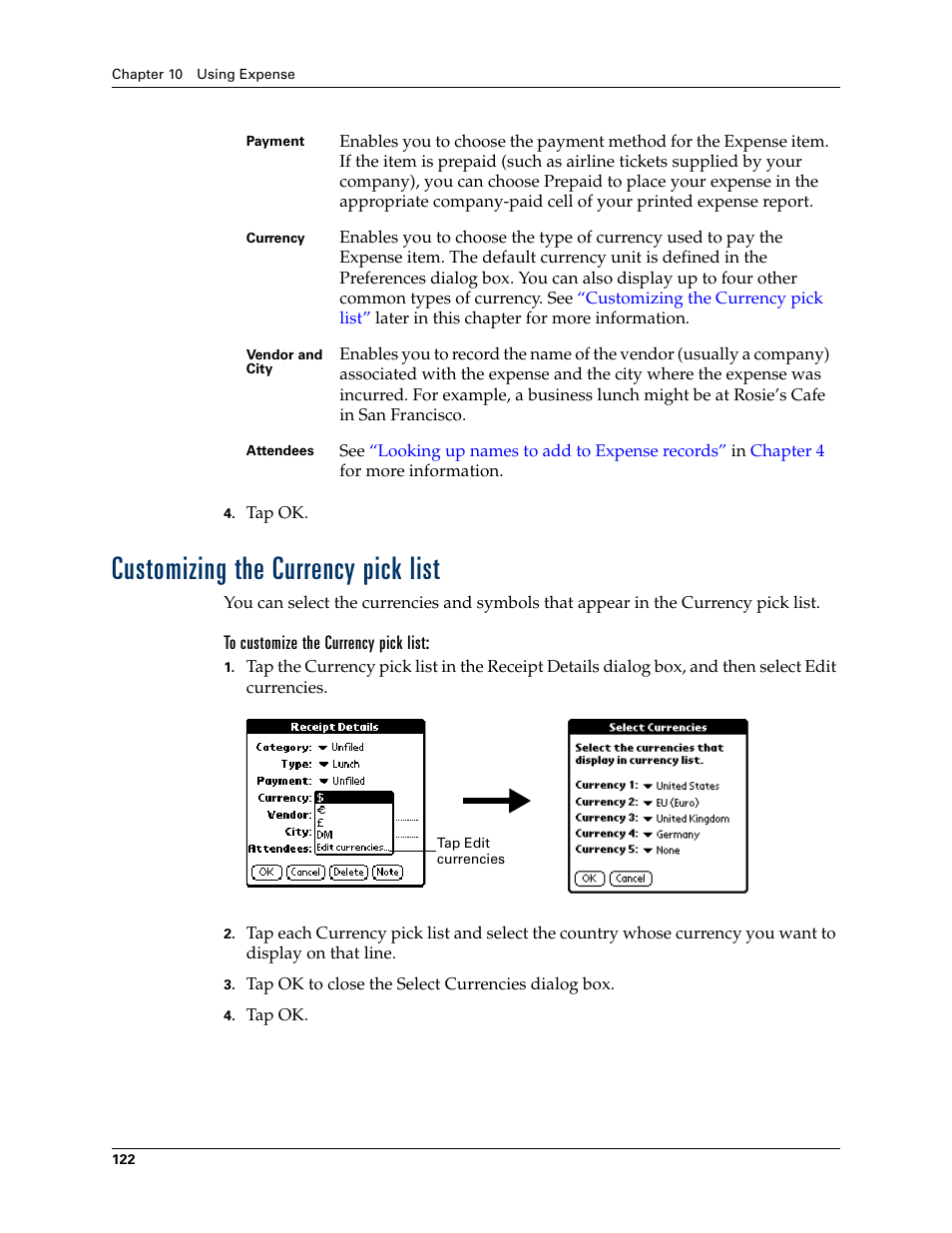 Customizing the currency pick list, To customize the currency pick list | Palm TUNGSTEN T2 User Manual | Page 136 / 502