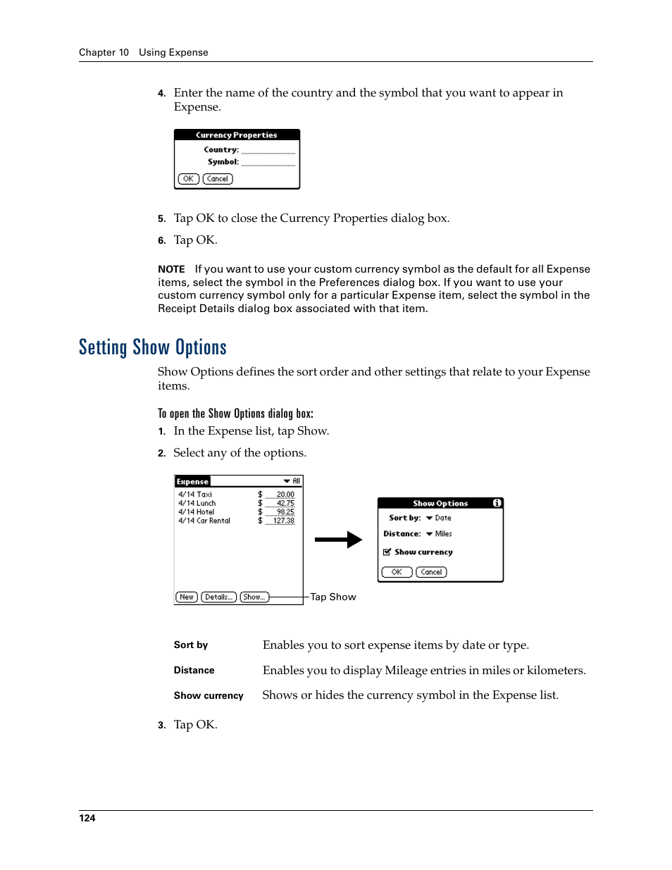 Setting show options, To open the show options dialog box | Palm TUNGSTEN T2 User Manual | Page 138 / 502