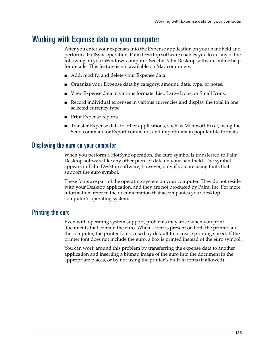Working with expense data on your computer, Displaying the euro on your computer, Printing the euro | Palm TUNGSTEN T2 User Manual | Page 139 / 502