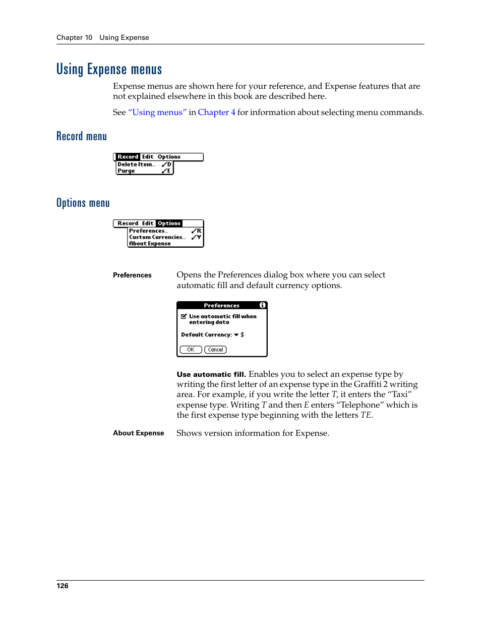 Using expense menus, Record menu, Options menu | Record menu options menu | Palm TUNGSTEN T2 User Manual | Page 140 / 502