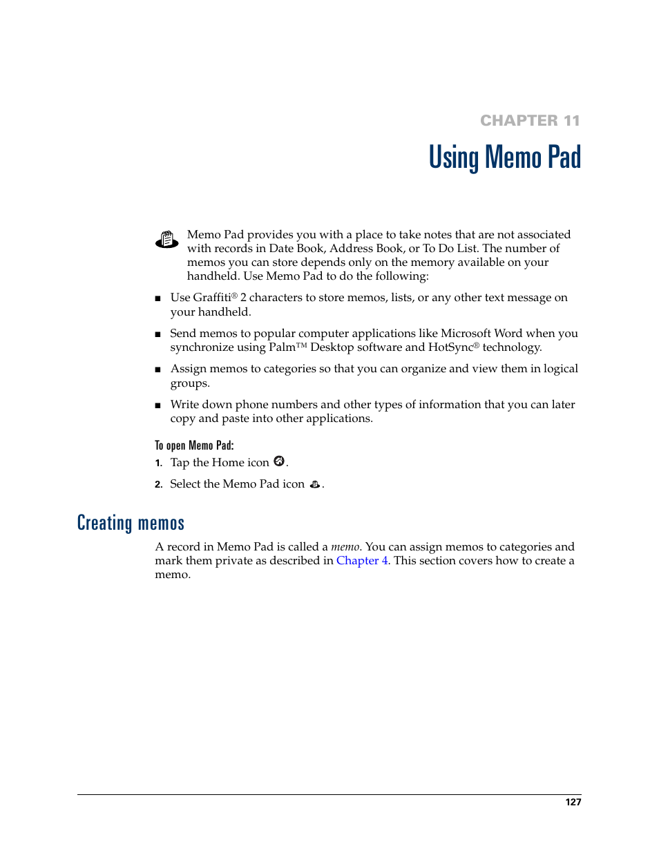 Using memo pad, To open memo pad, Creating memos | Chapter 11: using memo pad, Chapter 11 | Palm TUNGSTEN T2 User Manual | Page 141 / 502