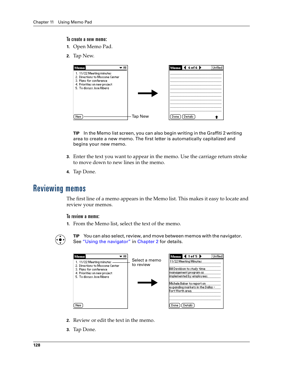 To create a new memo, Reviewing memos, To review a memo | Palm TUNGSTEN T2 User Manual | Page 142 / 502