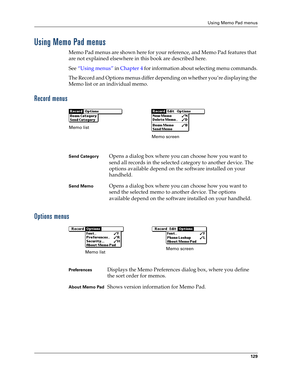 Using memo pad menus, Record menus, Options menus | Record menus options menus | Palm TUNGSTEN T2 User Manual | Page 143 / 502