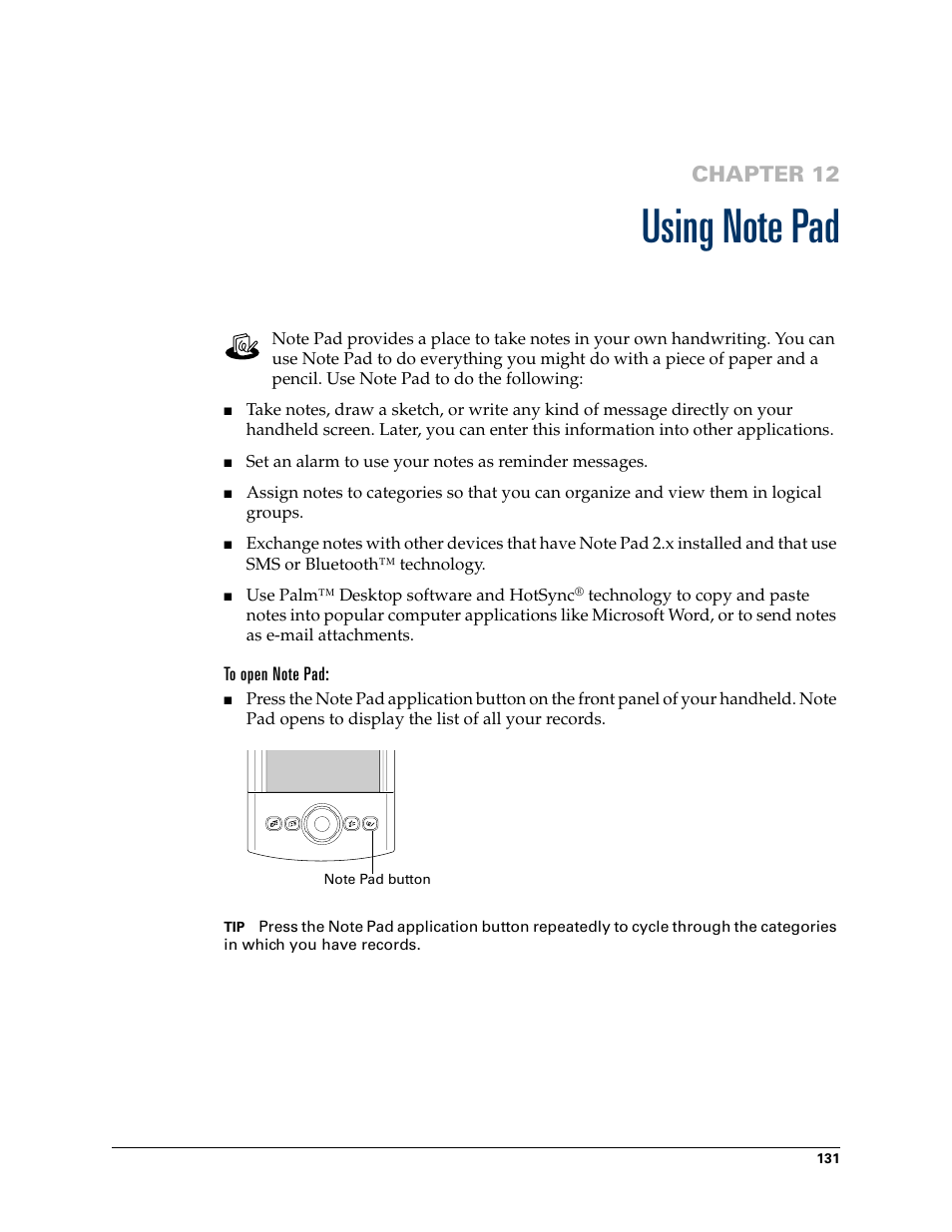 Using note pad, To open note pad, Chapter 12: using note pad | Chapter 12 | Palm TUNGSTEN T2 User Manual | Page 145 / 502