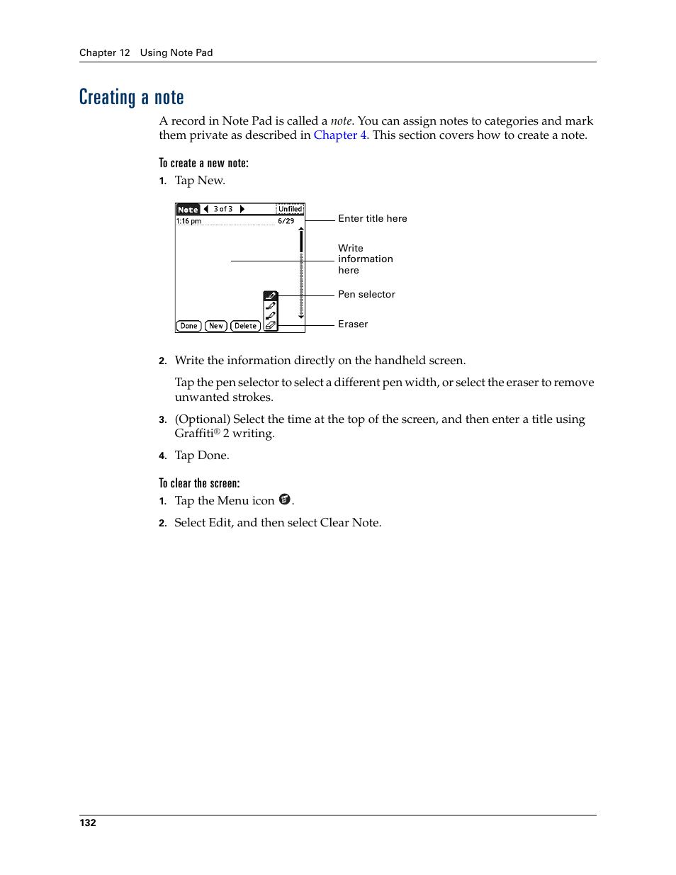 Creating a note, To create a new note, To clear the screen | Chapter 12 | Palm TUNGSTEN T2 User Manual | Page 146 / 502